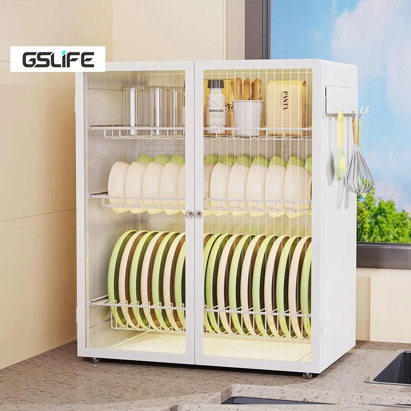 GSLIFE Lemari Piring Minimalis dengan Laci Rak Piring Tertutup Stainless Pintu Kabinet Rak Dapur Serbaguna