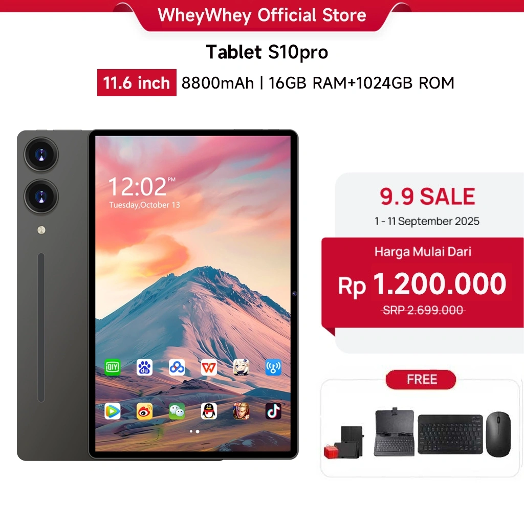 {Free+Keyboard+Mouse+Case} Wheywhey tablet android S10Pro 11.6" 16GB+1024GB | 8800mAh | Kamera 48MP | 5G+WiFi+Dual SIM | Untuk Gaming & Belajar | IPS Full Screen | Android 13 | Garansi 1 Tahun advan tablet murah 100ribuan anak tablet android murah