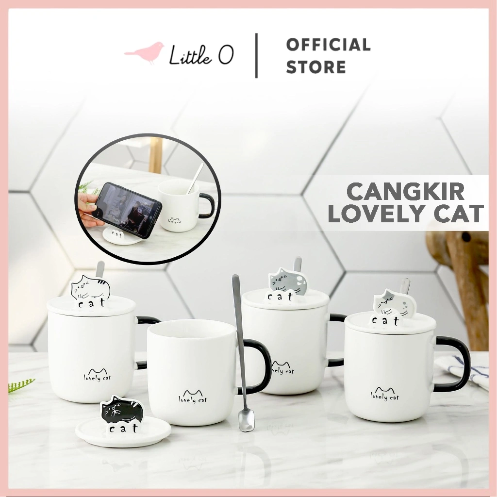 LITTLE O Lovely Cat Gelas Mug Cangkir Minum Anak Kucing Phone Holder Lucu Keramik Mug Dengan Penutup