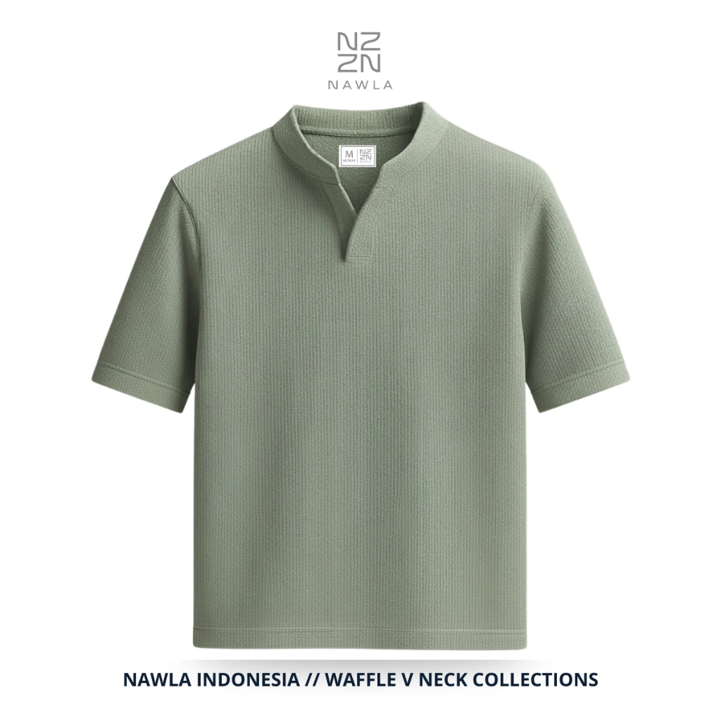 Nawla - Atasan Kaos Pria Lengan Pendek Bahan Waffle Kerah V Neck Warna Sage / Kaos Waffle Pria
