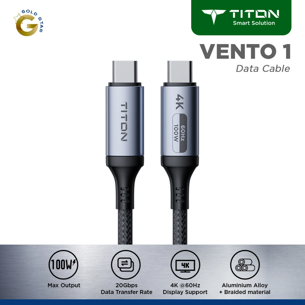 Titon Vento 1 Kabel 100W 4K 60Hz 20Gbps USB 3.2 Gen2 USB-C to USB-C HDMI Charging SSD External Docking Station Data Charger Display