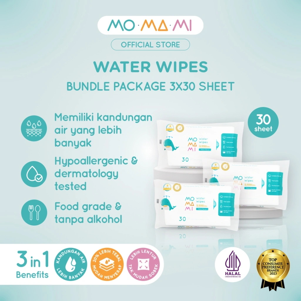 Momami Wet Tissue Baby Bundle Water Wipes - Tisu Basah 99% Air Murni Untuk Bayi (30 Lembar)