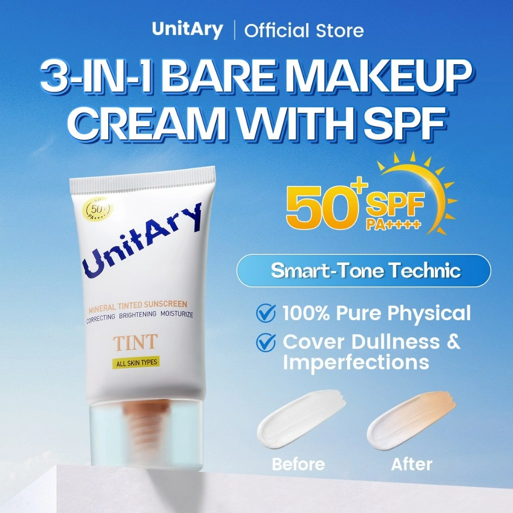 Unitary Mineral Tinted Physical Sunscreen SPF50+ PA++++ 3-in-1:SPF Serum Tone Up Cream,Smart Tone Technic, Sheer Coverage,Non-Acne Glowing Sesuaikan Keseimbangan Air dan Minyak Hassle-free Formula & Breathable IN VIVO & NON COMEDOGENIC TESTED BPOM