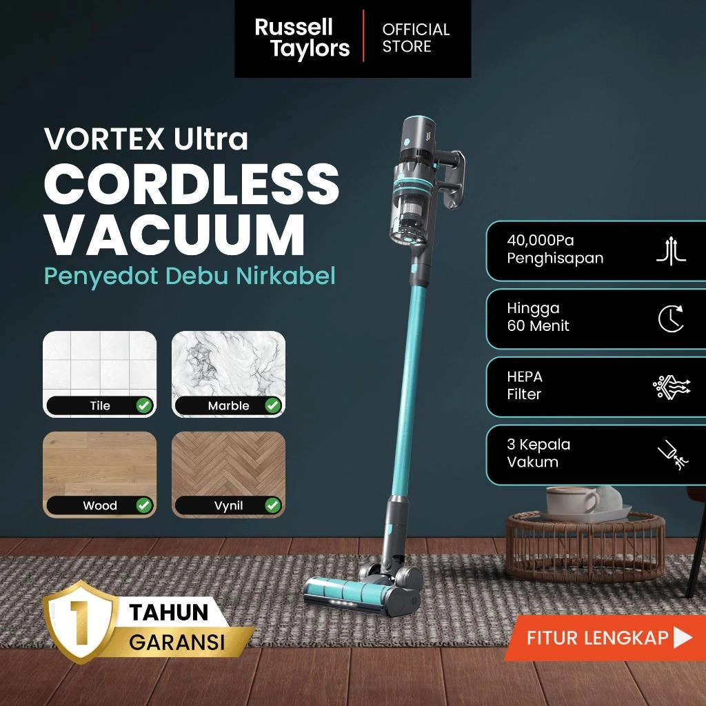 Russell Taylors Vortex Vacuum Cleaner Daya Hisap Kuat 40000 Pa Anti-Tangle Garansi Resmi 1 Tahun