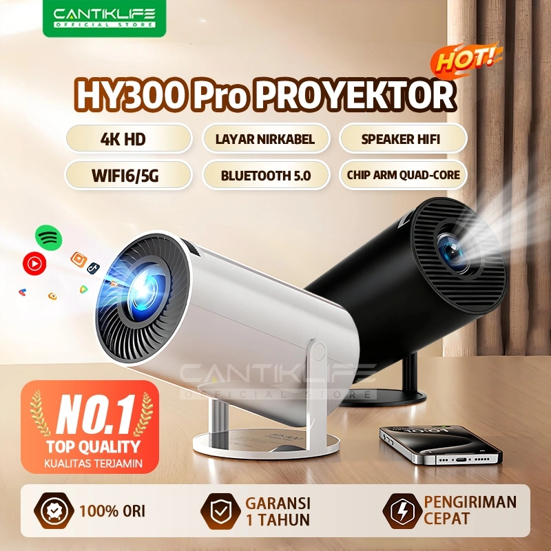 HY300 Pro 4K Proyektor HD 100 Inci Portabel Mini untuk Dinding Kamar Tidur Pencerminan Layar Nirkabel dari Ponsel Sistem Home Theater Cerdas