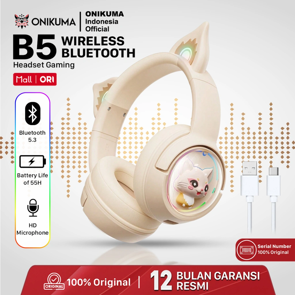 ONIKUMA B5 Headset Gaming Cat Ear Bluetooth-Bluetooth, Mic, RGB, Gaming & Musik-Headset & Earbud Bluetooth ONIKUMA B5 Desain Telinga Kucing Suara Surround Terlaris Untuk Anak Perempuan Earphone Kabel dan Nirkabel-Gaming Headset