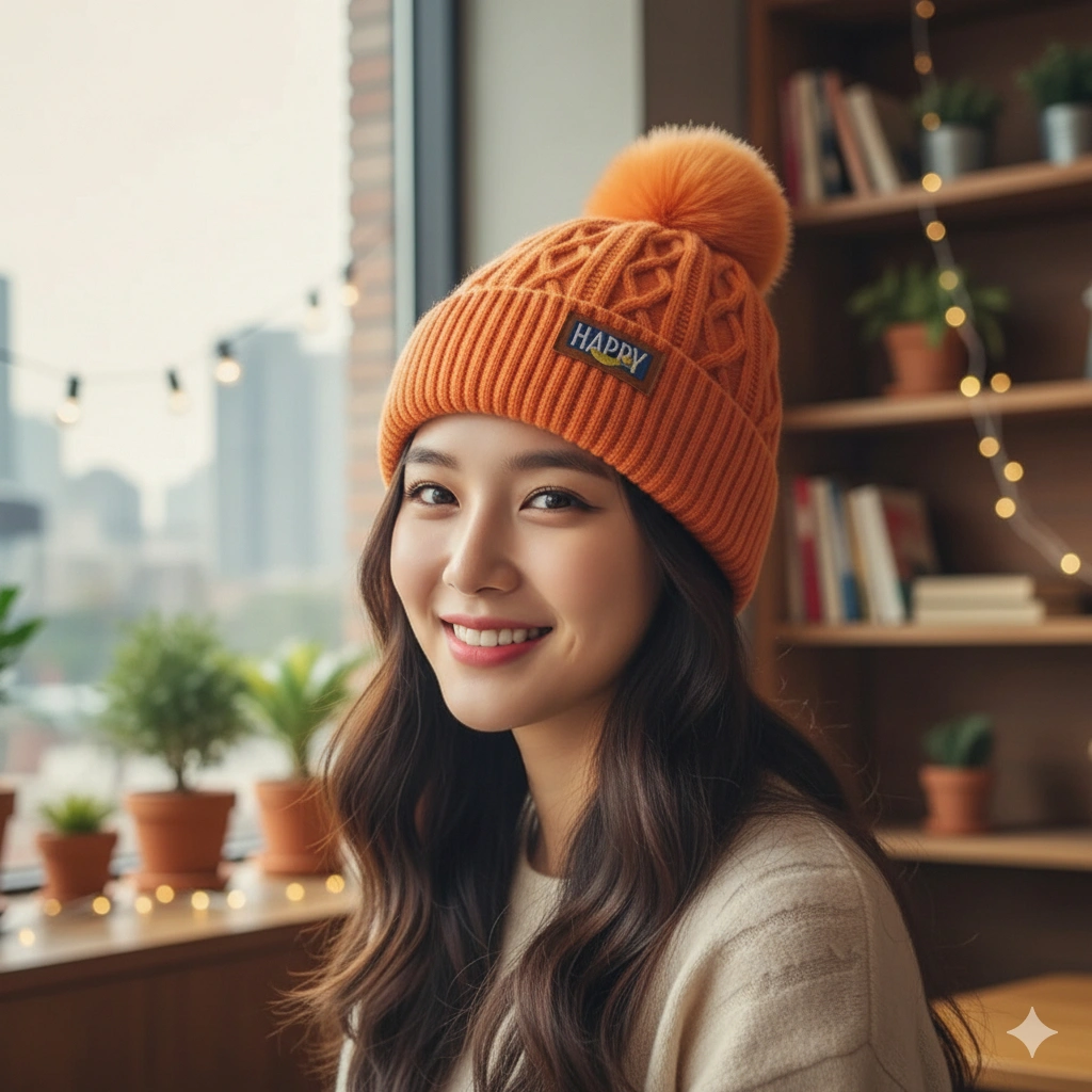 Warm Knitted Winter Hat Unisex Beanies Japan Korean Style With Pom Pom HAPPY Lebel