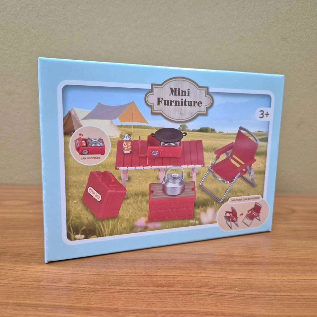 Miniatur peralatan camping kursi meja kompor teko set mainan simulasi rumah boneka diorama toys fotografi