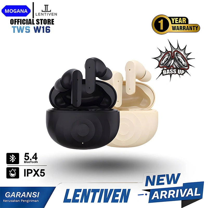 MOGANA LENTIVEN HEADSET Earbuds TWS Wireless Earphone Bluetooth 5.4 Hi-Res Audio IPX5 Garansi 1 Tahun W16