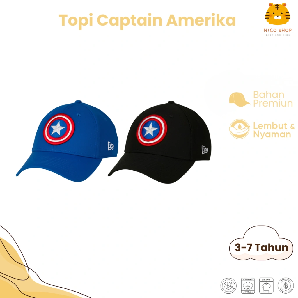 Nico Babyshop Topi Anak Model Snapback Superhero Captain Amerika Desain Bordir