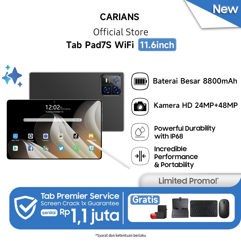【Free Mouse Keyboard Case】Carians tablet android Pad7Pro(16GB + 1024GB) | IPS 11.6" | tablet murah untuk Belajar,Gaming, Kerja & Hiburan | 5G Dual SIM WiFi tablet anak android Kamera 64MP Kapasitas baterai besar 12000 mAh [Carians Official Store]​