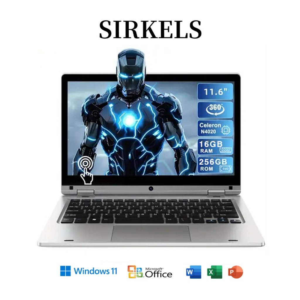 SIRKELS Laptop Intel N4020 Ram 16GB+256GB 11.6 inch Win11+Office+Bouns+Bahan logam+dapat berputar 360°+Fungsi layar sentuh