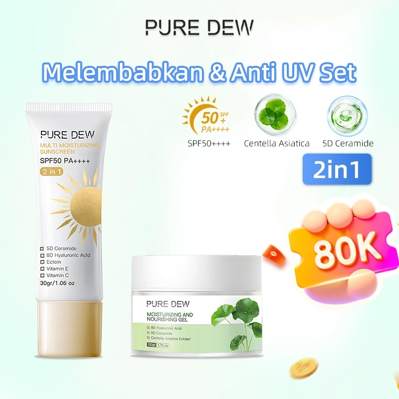 PURE DEW 2PCS All Day Light Sunscreen Cream SPF50 PA++++ 30gr UV Serum Sunscreen + MSH Niacinamide Brightening Moisturizer Glowing Moisture Gel 50g