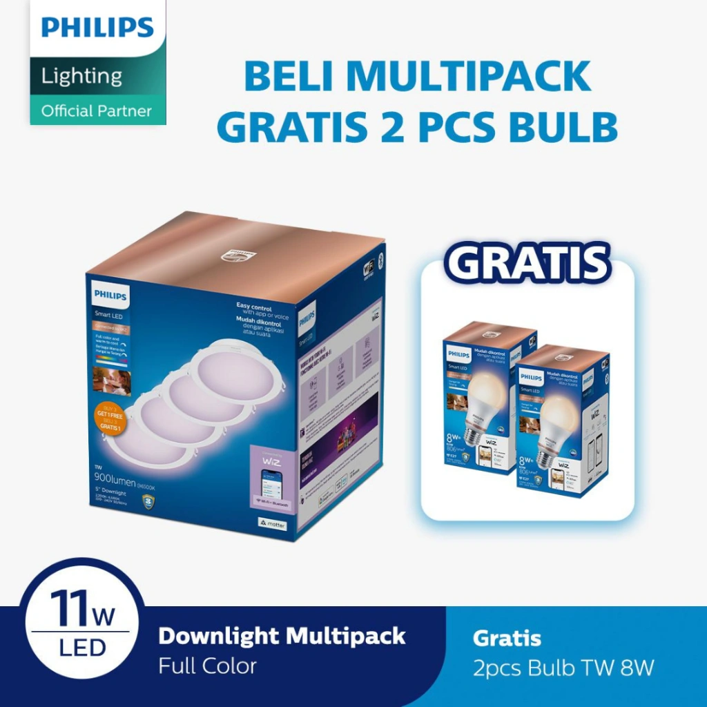Beli Philips Lampu Smart WiFi LED Downlight  Multipack 11W D125 Color RGB Dapat 2 LED Bulb Smart WIFI TW 8W
