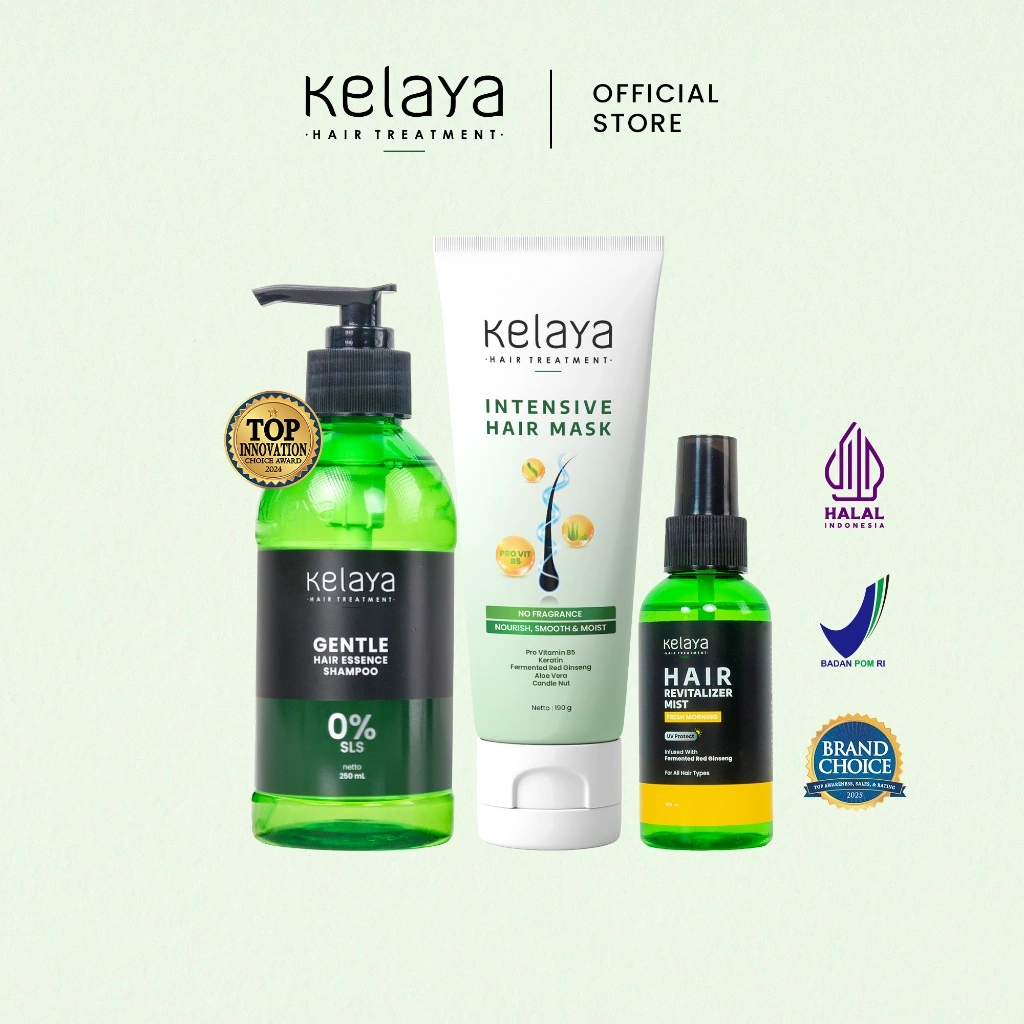 Kelaya Shampoo Non SLS Gentle Hair Essence Shampoo 250ml + Hair Mask 190g + Hair Mist 100ml