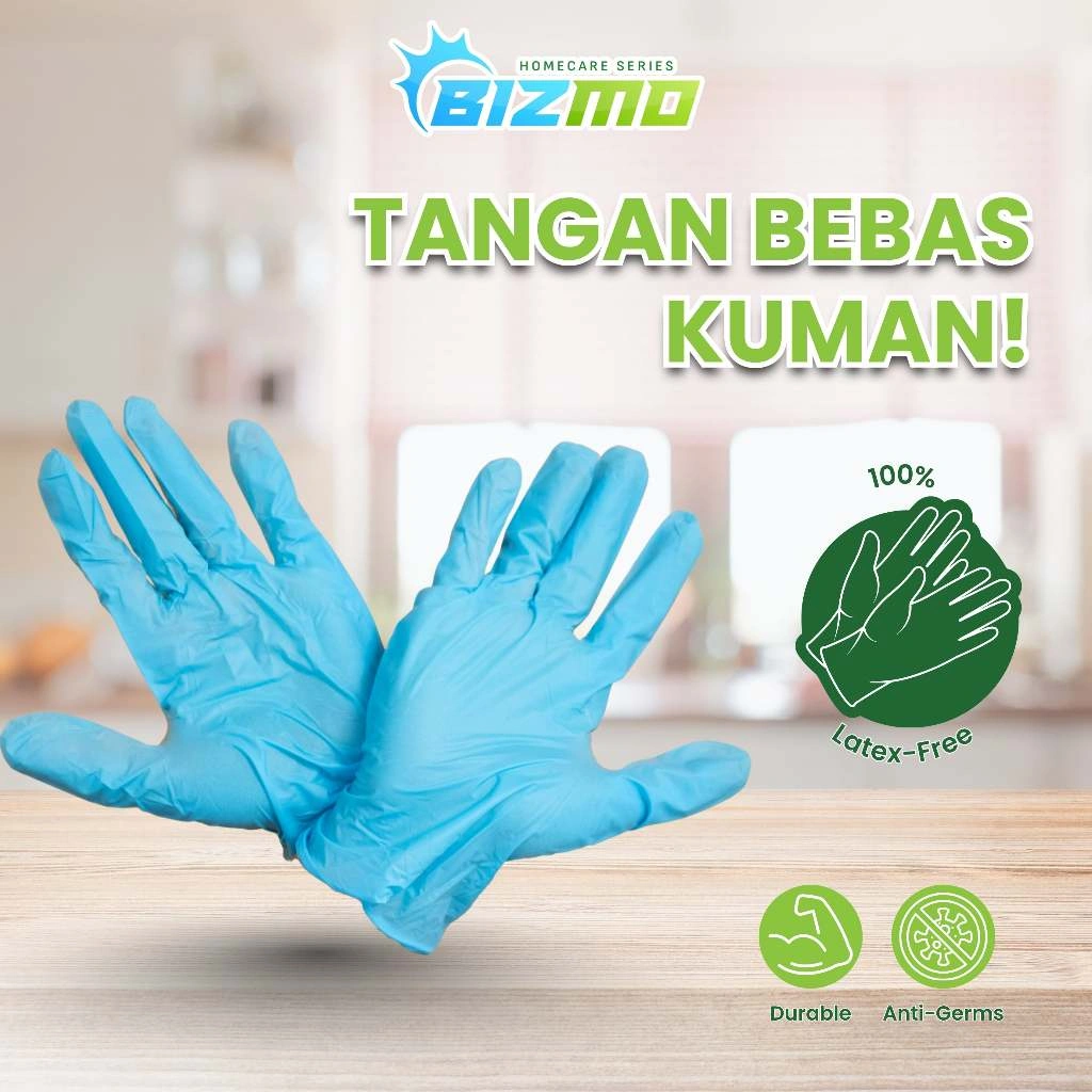 BIZMO Sarung Tangan Nitrile Tangan Bebas Kuman 100% Tanpa Latex Tahan Lama Anti-Kuman