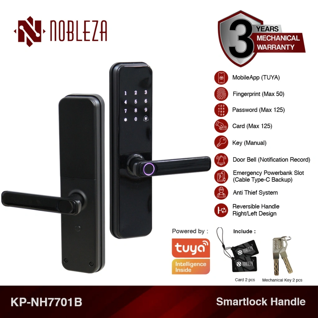 NOBLEZA Smart Door Lock Kunci Pintu Digital Handle Fingerprint RFID Smartlock App TUYA WIFI KP-NH7701B BLACK