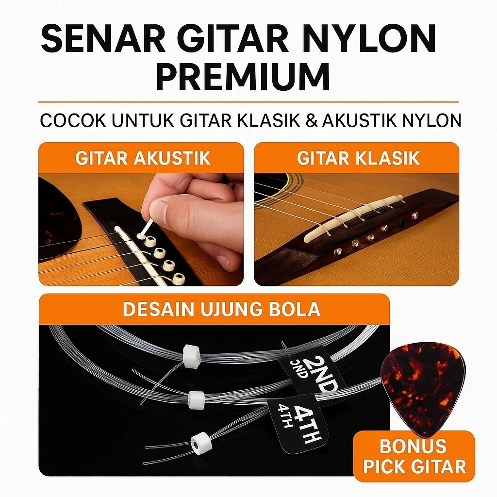 Senar Gitar Nylon Premium – Cocok untuk Gitar Klasik & Akustik | Bonus Pick Gitar