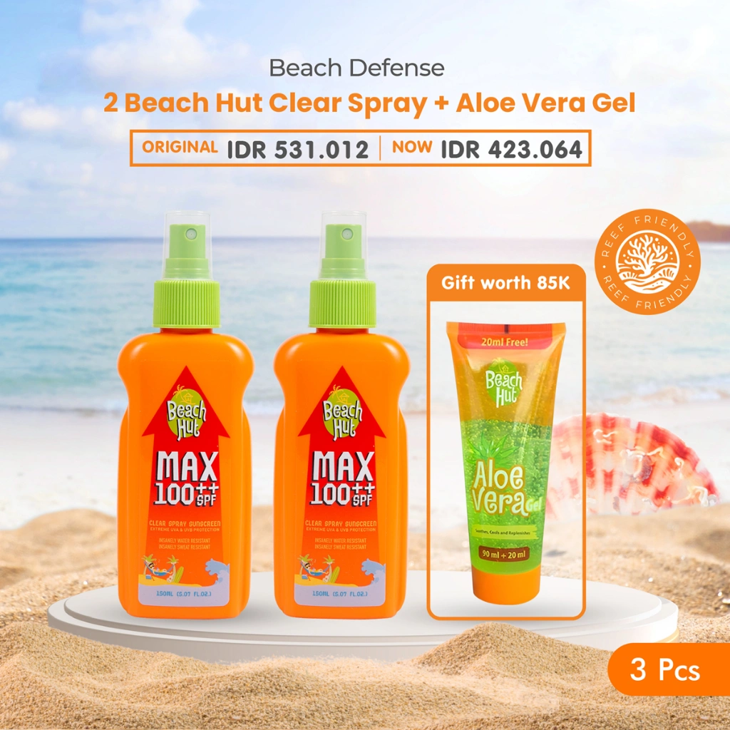 [Limited Time Offer] Buy 2 Beach Hut Sunblock MAX SPF 100++ Clear Spray Body Sunscreen 150ml Get 1 Beach Hut Aloe Vera Gel 90+20ml
