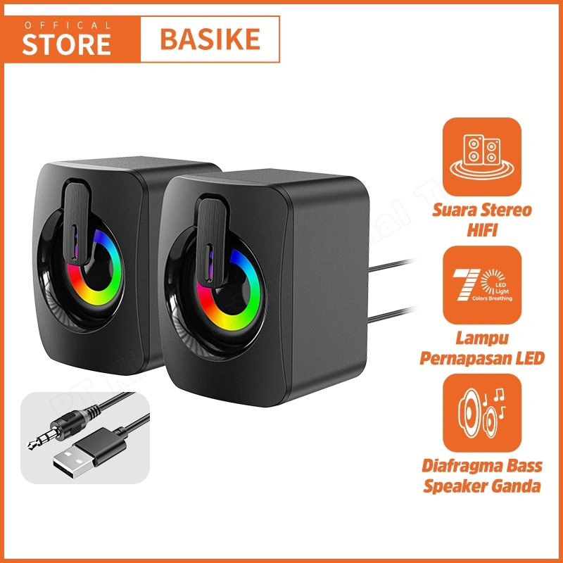 BASIKE Computer Speaker PC Desktop Sound HIFI Stereo Microphone USB Wired 3.5mm with LED RGB Light
