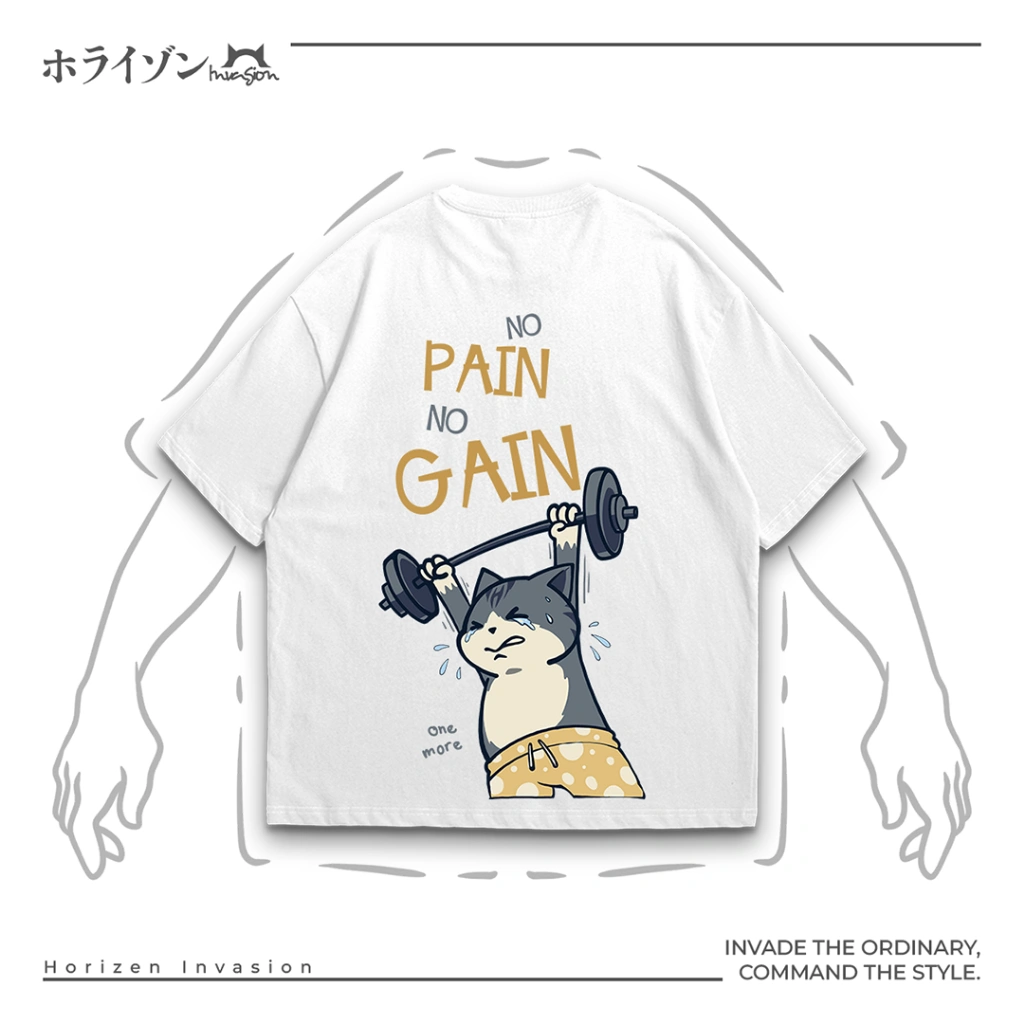 Horizen Invasion Kaos Supersoft Gym Cat No Pain No Gain Pria Wanita Cotton Combed 24s