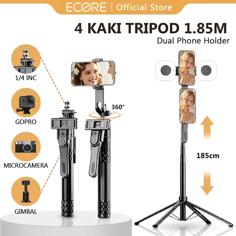 ECORE C11 185CM Tongsis 4leg Tripod Bluetooth Selfie Stick  Fill light Tongsis Tripod Dengan Monopod Dengan Wireless Bluetooth Remote Dengan 1/4 Adaptor Untuk HP Kamera DSLR