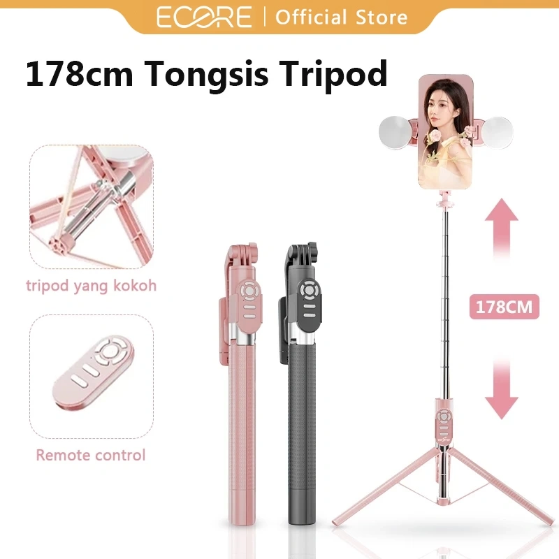 ECORE 178CM Tongsis Bluetooth Remote Tripod portable Tripod Selfie Stick HP Kamera DSLR Tongsis  dengan 7 tombol Adaptor Lampu LED