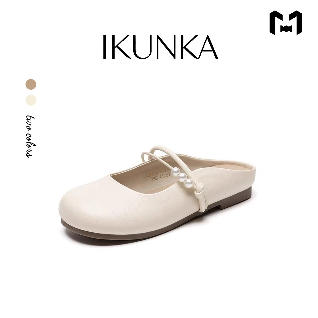 IKUNKA Sepatu Flat Wanita Sandal Mules Slip On kasual Jepang Sepatu Tunggal Kepala Bulat Datar