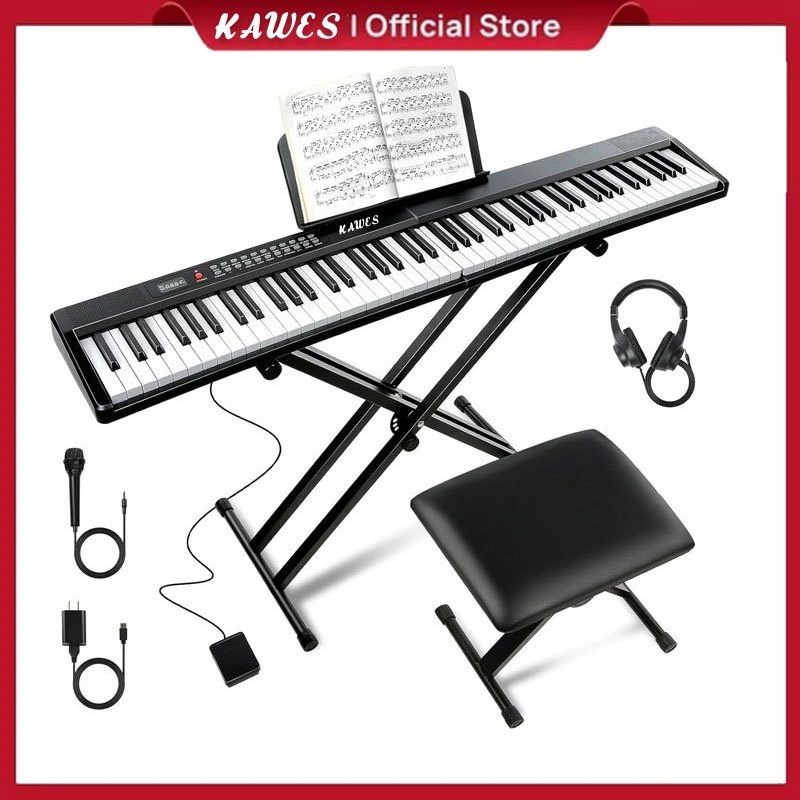 KAWES 61 Tuts Keyboard Piano Lipat Keyboard Piano Elektronik Digital Semi Berbobot Ukuran Penuh dengan Stiker Dudukan Musik Lembar