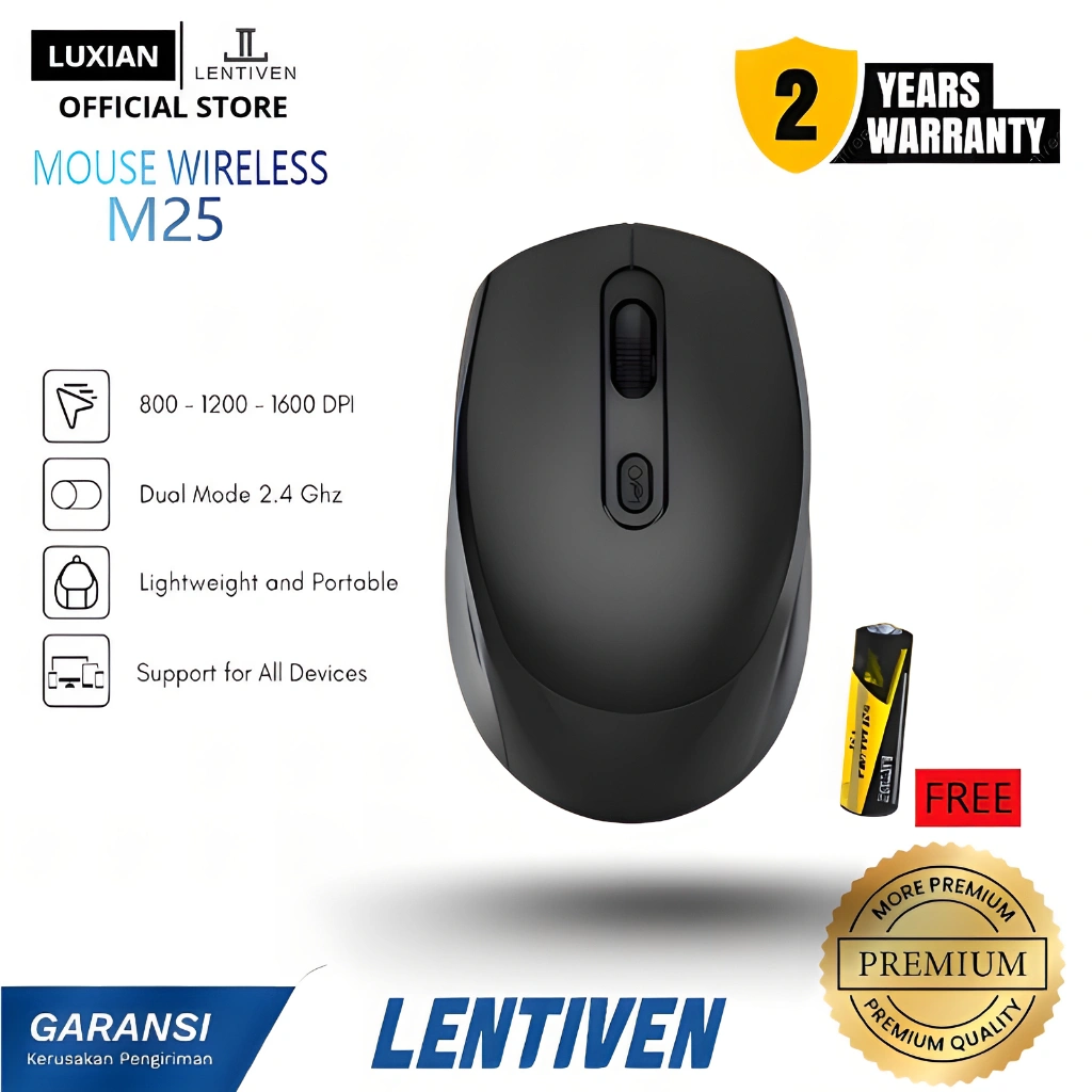 LUXIAN LENTIVEN Mouse Wireless M25 2.4G 1600DPI Receiver USB Support for PC Laptop Garansi 1 Tahun