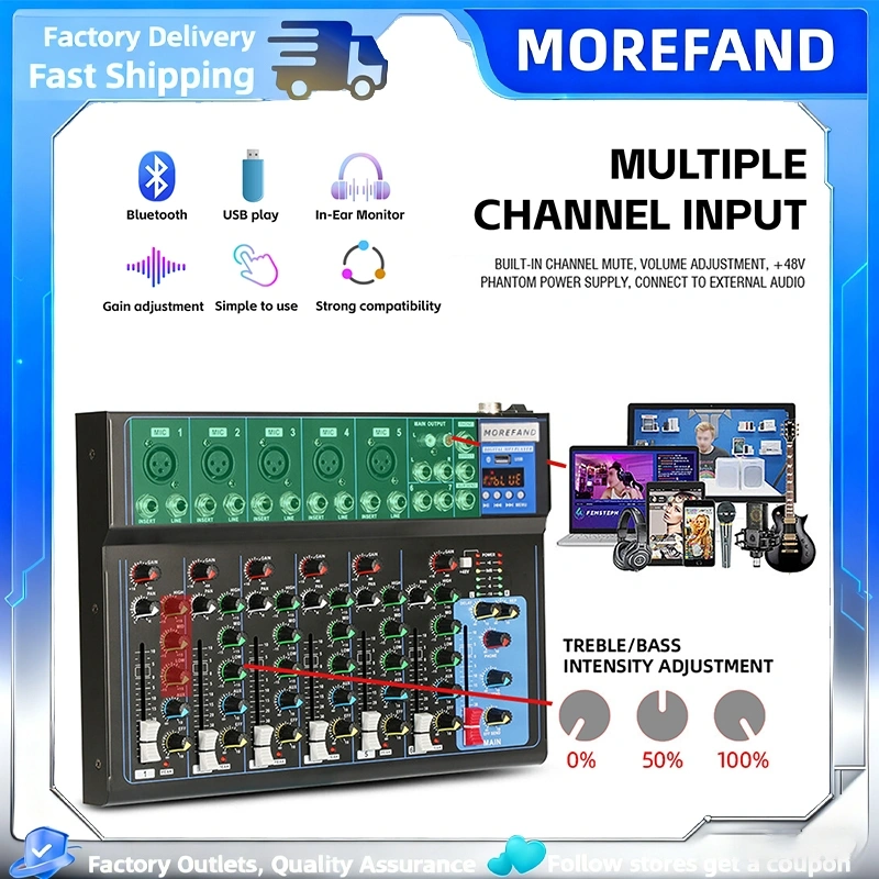 MOREFAND AUDIO MIXER profesional 4/7-channel RE405 Penguat sinyal USB Penguat KTV Penguat kinerja Pemutaran MP3 / Perekaman | Daya 48V, Output Multi-Interface | Dilengkapi Efek DSP, Kompatibel dengan Power Amplifier | Mixer Tahap Performa, Sambungan Langs