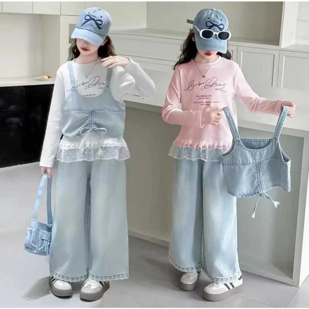 GAYATRI GIRL SET Setelan Set Anak Besar Korean Style Teenager Remaja Perempuan Kaos Lengan Panjang Vest Jeans Celana Jeans Panjang Fashionable Trendy Usia 7 Tahun - 14 Tahun