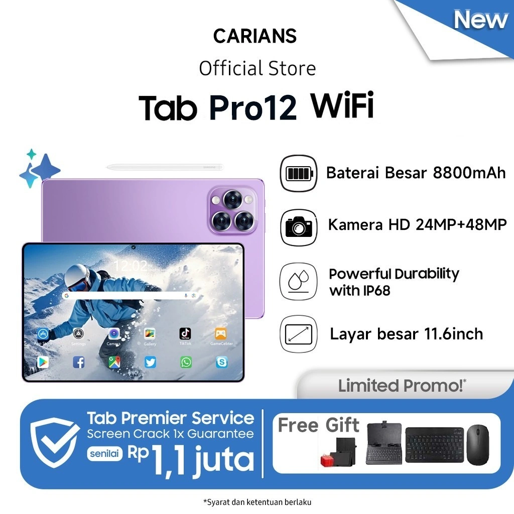 [Freeware Mouse Keyboard] Carians Tablet Android Pro12 11.6inch (16GB + 1024GB) 5G + WiFi, Dual SIM, Tablet Murah untuk Belajar, Gaming, Kerja & Hiburan - Untuk Belajar, Kerja & Gaming - Garansi Resmi