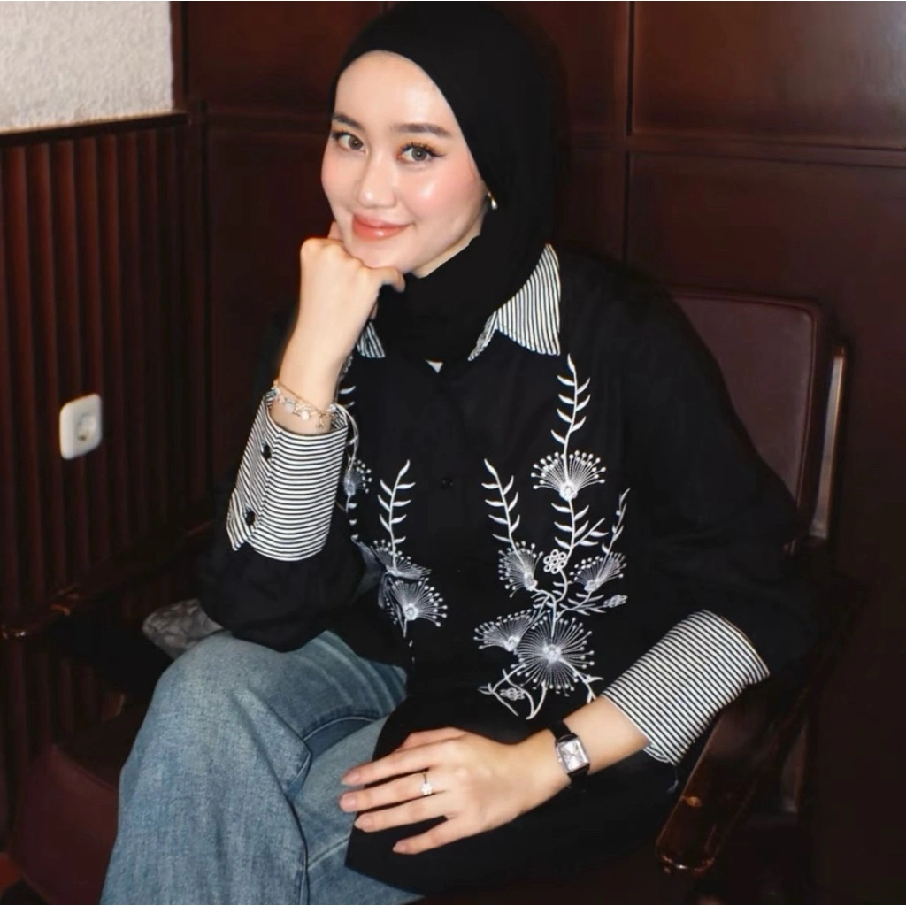 Azkia Top Atasan Wanita Bordir Elegan Kemeja Oversize Cewek Rayon Basic Premium