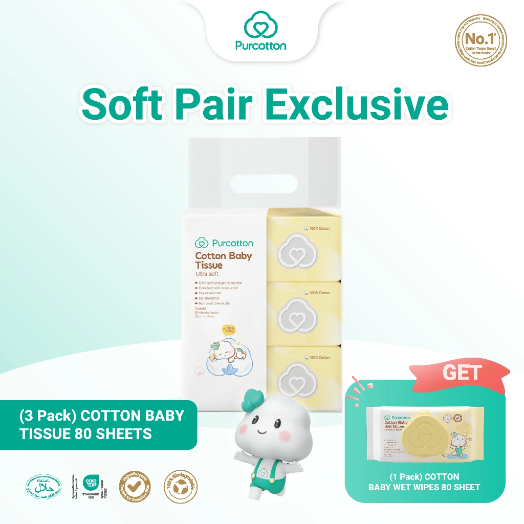 [3 PACK] PURCOTTON Natural Baby Cotton Tissue 80 Lembar - Tisu Bayi Lembut Ultra soft Serbaguna & Sekali Pakai