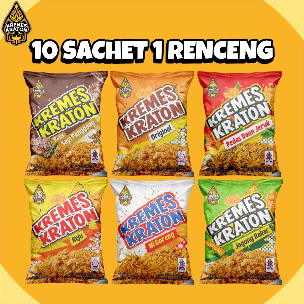 (10 Sachet) Kremes Kraton Sachet - 1 Renceng Original, Pedas Daun Jeruk, Keju, Jagung Bakar, Sapi Panggang, Mi Goreng