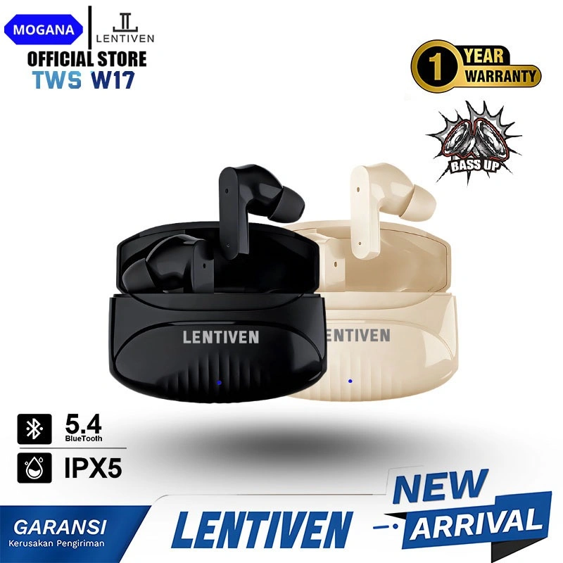 MOGANA LENTIVEN Earbuds TWS Wireless Earphone Bluetooth HEADSET 5.4 Hi-Res Audio IPX5 Garansi 1 Tahun W17