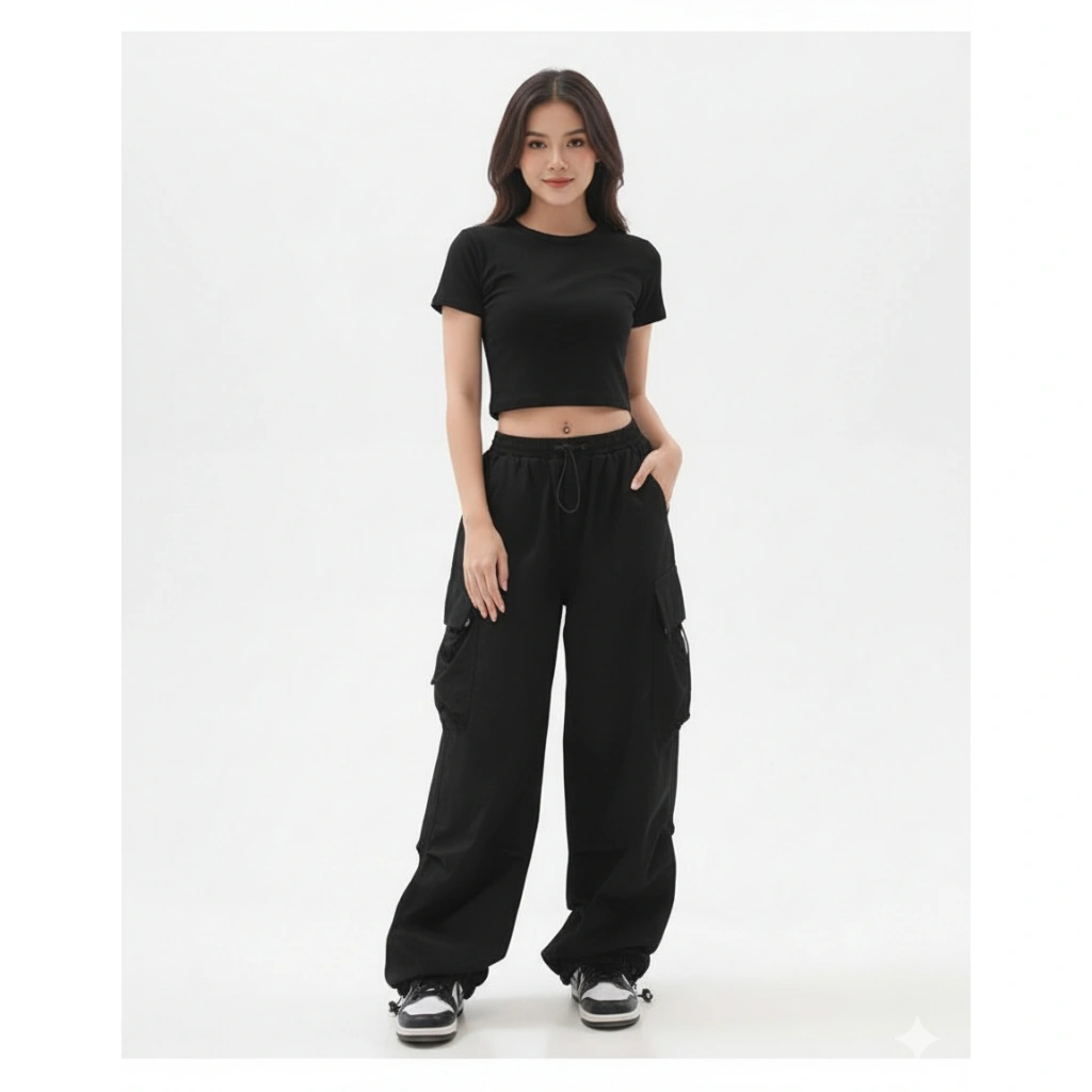 Nadhira Celana Cargo Highwaist Wanita Wide Leg Pinggang dan Kantong Serut