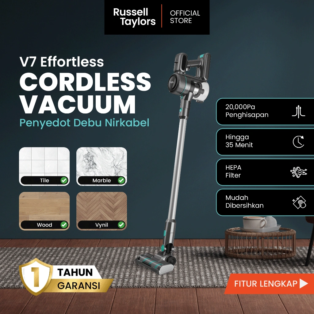 Russell Taylors V7 Vacuum Cleaner Daya Hisap Kuat 20000 Pa Anti-Tangle Garansi Resmi 1 Tahun