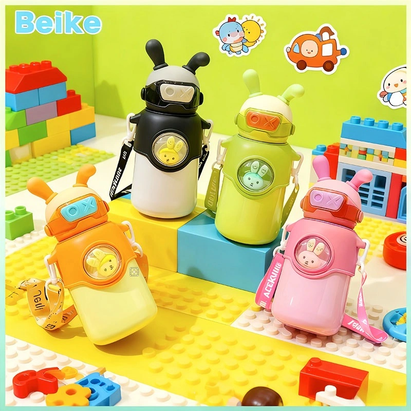 Beike(COD) Termos Anak 600 ml, Stainless Steel 316 Berlapis Dua, Gelas Kopi Kelinci Imut dengan tali Bawa。