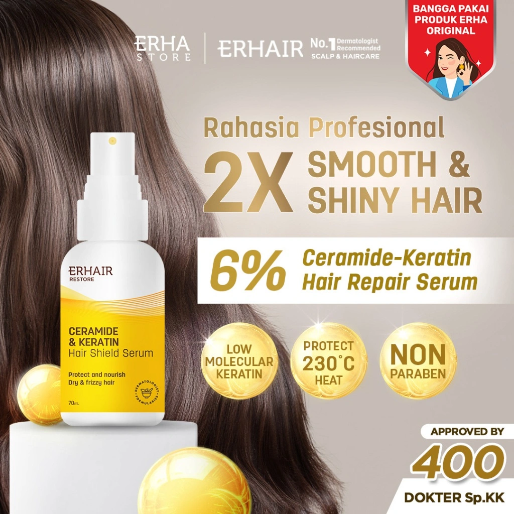 ERHAIR Restore Hair Shield Serum 70mL - Serum Melembutkan Rambut Kering & Frizzy | Ceramide & Keratin Hair Oil  | Melindungi rambut dari paparan matahari | Heat Protectant