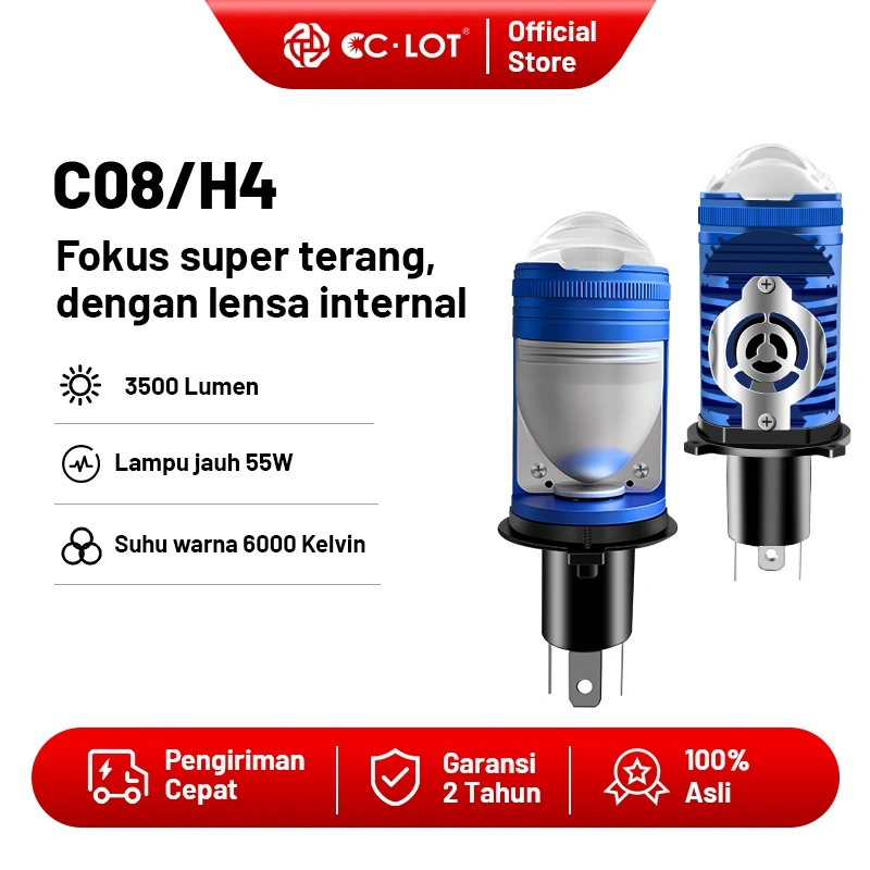 CCLOT C08 Lampu Utama Motor BILED Mini Satu Body 55W 3500Lumen H4 PNP Super Terang Proyektor High Low Beam Anti Air Pendinginan Kipas Senyap Garansi 2 Tahun Ganti Baru Gratis