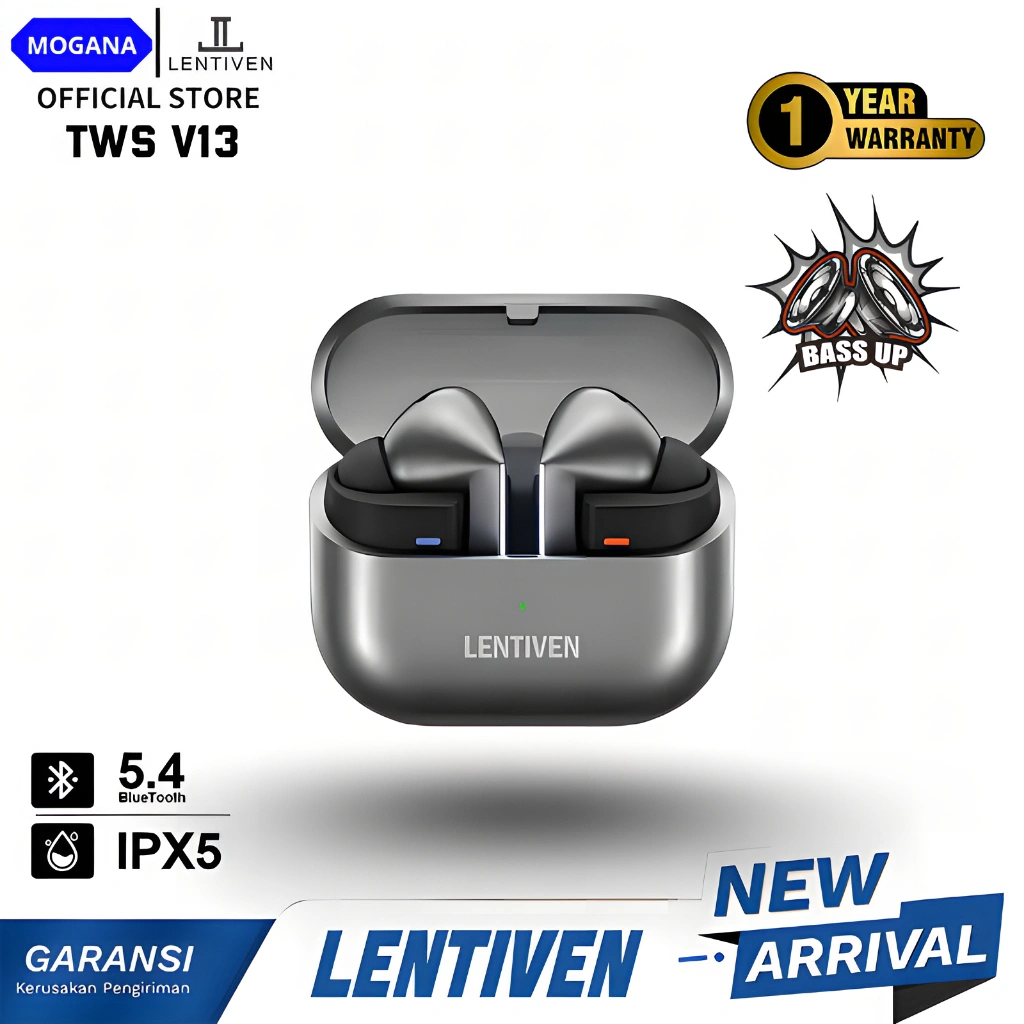 MOGANA LENTIVEN Earbuds TWS Wireless EARPHONE BLUETOOTH Headset IPX4 BT 5.5 Garansi 1 Tahun V13