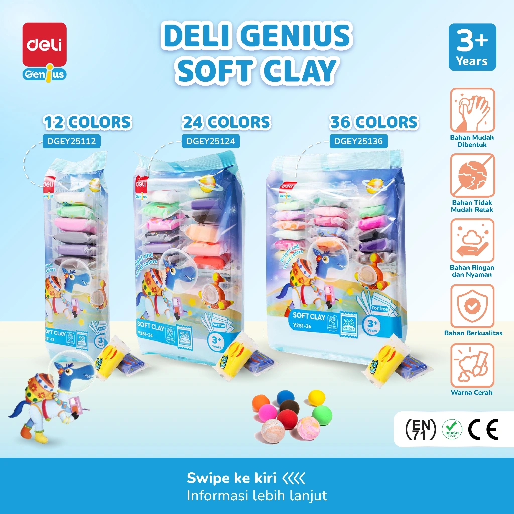 Deli Genius Soft Clay 12 / 24 / 36 Warna Lembut Aman Mainan Anak Edukasi Kreatif Mudah Dibentuk