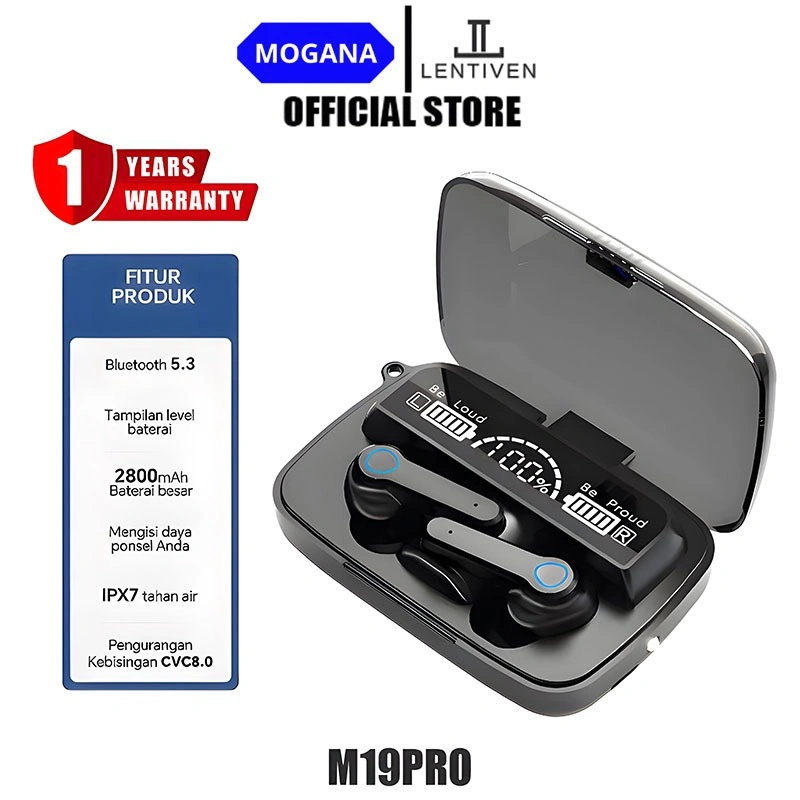 MOGANA LENTIVEN TWS Headset Bluetooth with Mic Sentuh Olahraga Tahan Air Henset Bloetooth Hedset HiFi Stereo Wireless M19