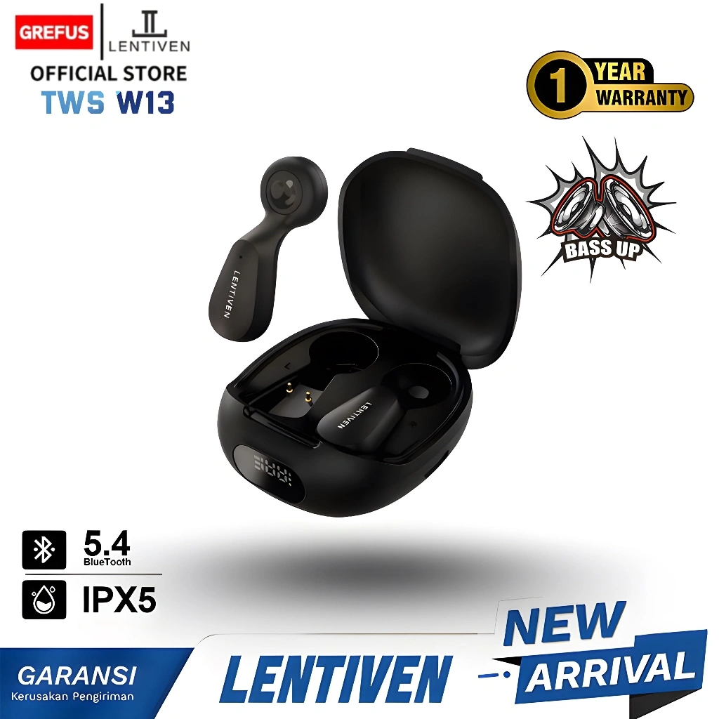 GREFUS LENTIVEN HEADSET Earbuds TWS Wireless Earphone Bluetooth 5.4 Hi-Res Audio IPX5 Garansi 1 Tahun W13
