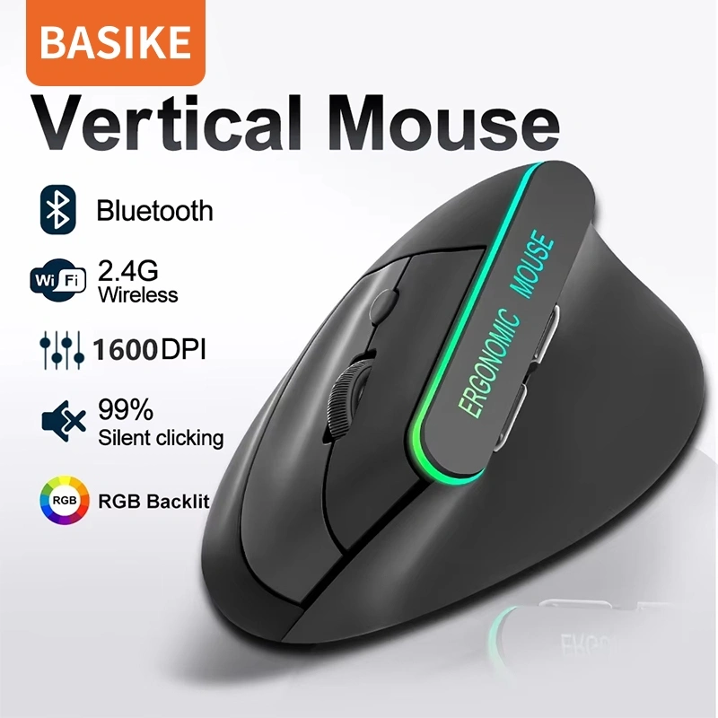 (HOT)BASIKE Mouse Wireless Bluetooth 2.4Ghz Silent Click Gaming RGB Ergonomic untuk PC Laptop Tablet