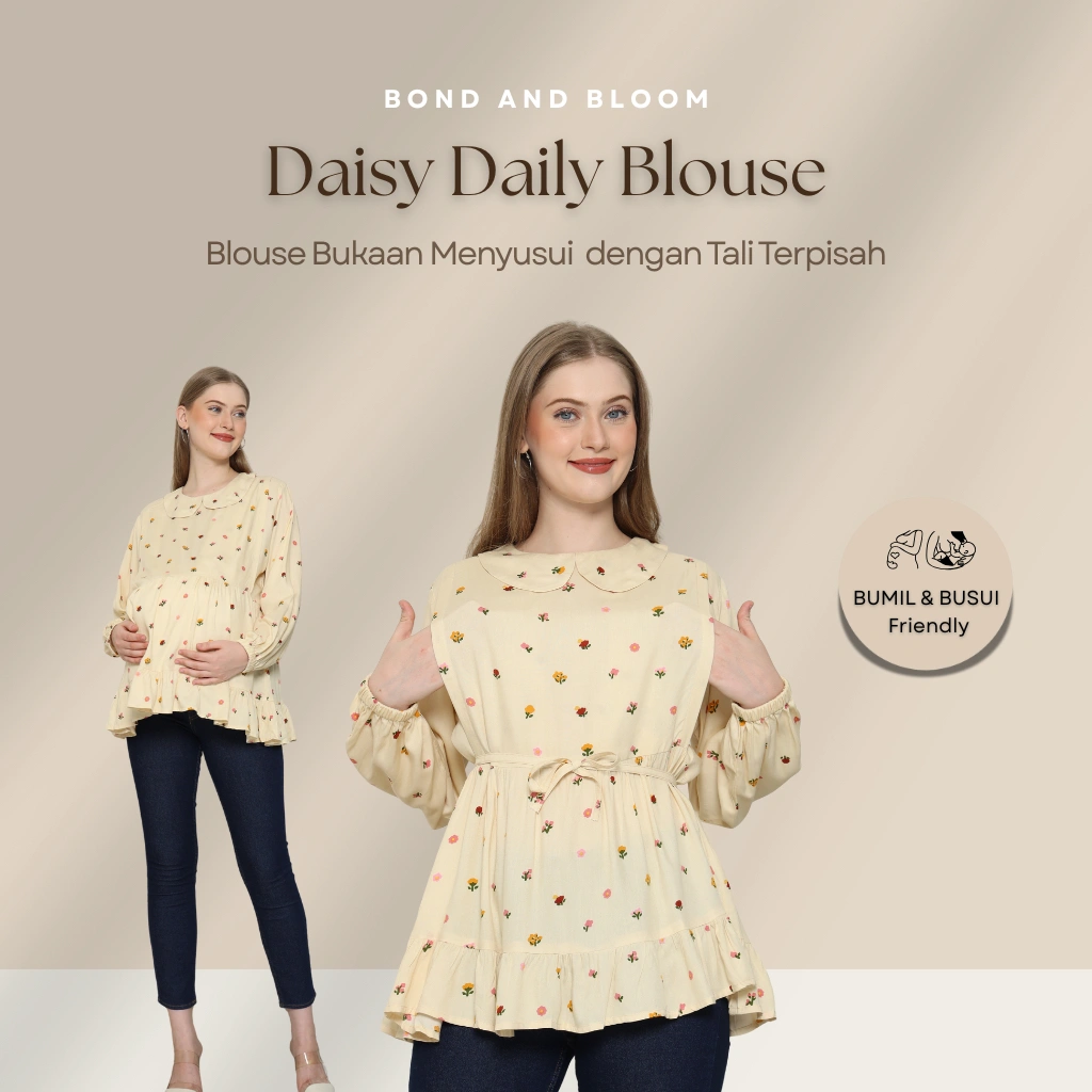 Bond and Bloom Daisy Cream Flower  Blouse Hamil dan Menyusui Lengan Panjang Bukaan Samping