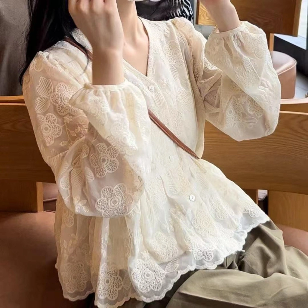 Susana Mall Atasan Korean Wanita V Neck Rendra Bordir Lengan Panjang  M698