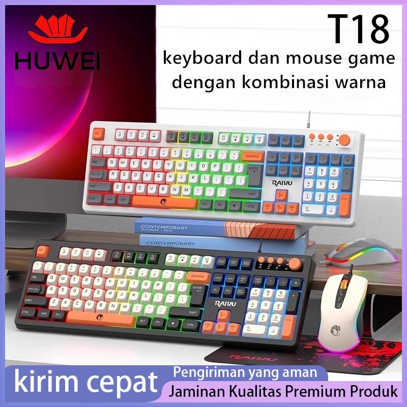 HU WEI keyboard komputer Keyboard Gaming Mechanical RGB 104 Keys Tautan Kabel USB Cocok Untuk Game dan Kantor RGB Backlit Keyboards Keybord and Mouse Set Aksesori Gaming Wired, Keyboard dan Mouse dengan Koneksi Kabel